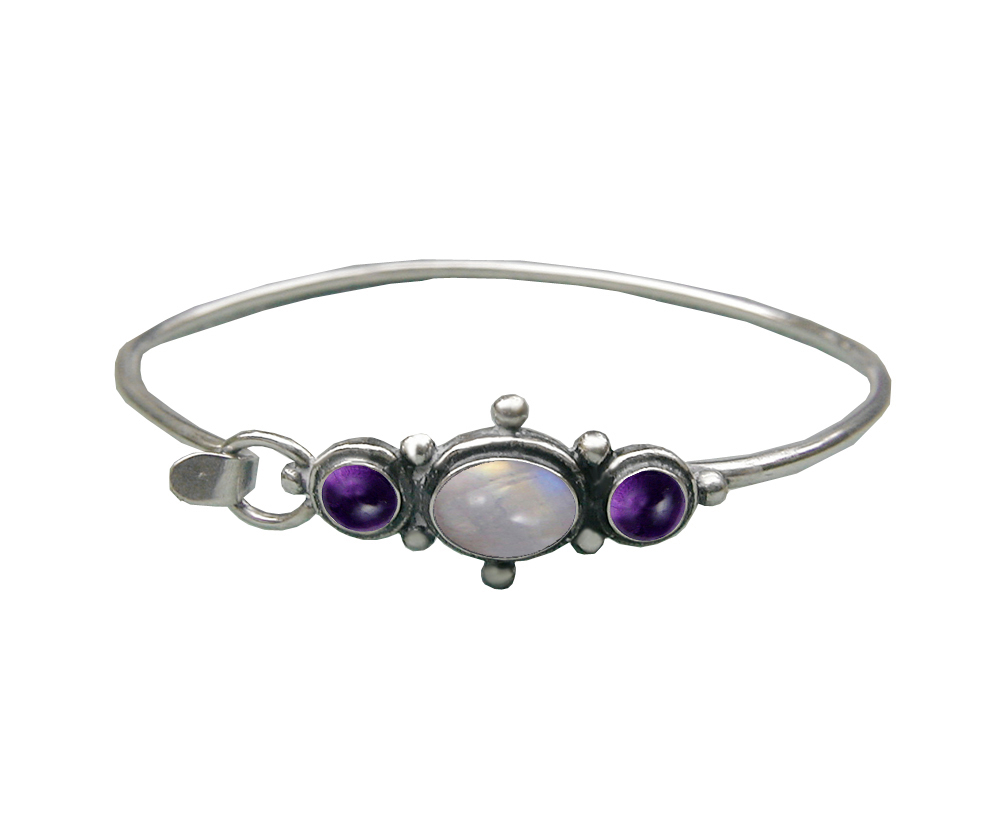 Sterling Silver Strap Latch Spring Hook Bangle Bracelet Rainbow Moonstone And Amethyst